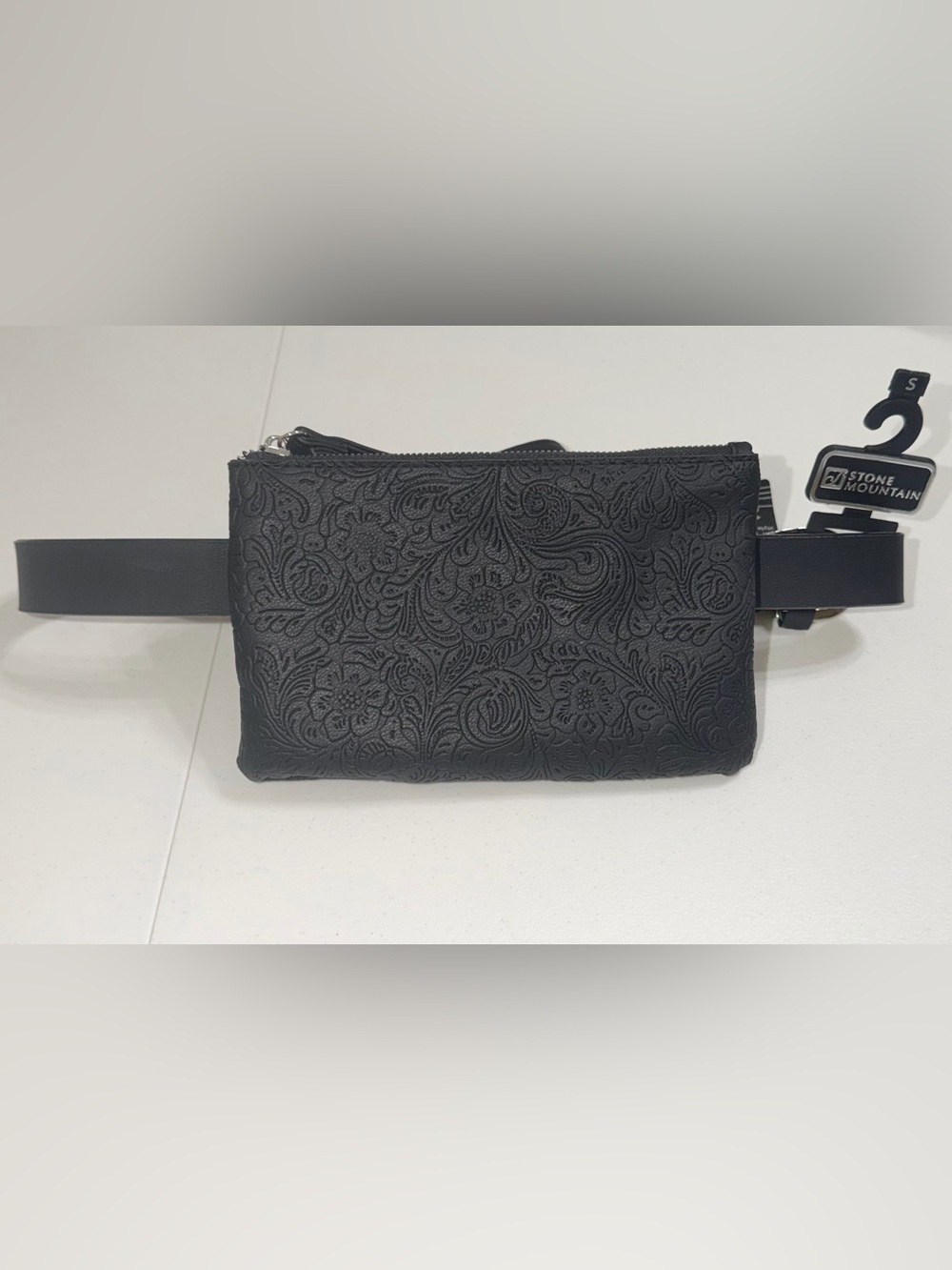 Stone Mountain Black Leather Embossed Belt Bag Wristlet Fanny Pack Small NWT